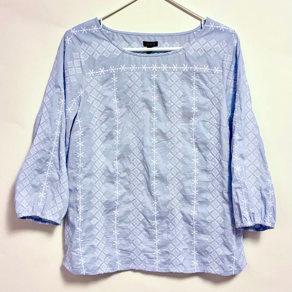 Talbots Cottagecore 100% Cotton Embroidered Top Blouse Light Blue Small